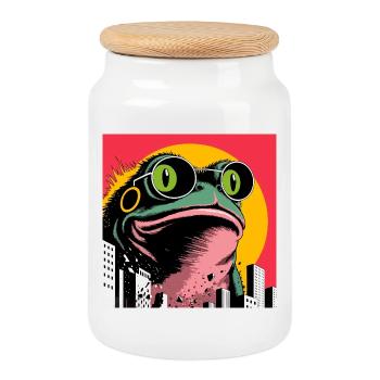 Ville de Frog Popart - Boîte à biscuits avec couvercle en bois - blanc - Devant