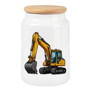 Yellow Excavator Cartoon - Cookie Jar with Wooden Lid - white - Front
