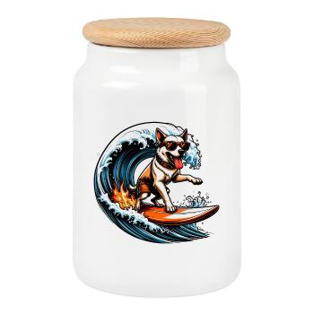 Chien de surf avec une planche à flammes - Boîte à biscuits avec couvercle en bois - blanc - Devant