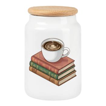 Kaffee und Bücher - Keksdose mit Holzdeckel - Weiß - Vorne