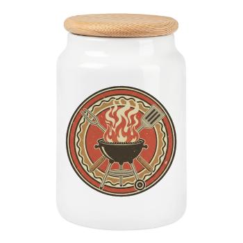 Retro BBQ Grill Flames Badge - Cookie Jar with Wooden Lid - white - Front