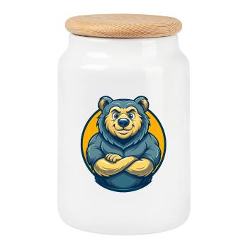 Bear Kawaii Mascot Cartoon Character Clipart Logo - Cookie Jar with Wooden Lid - white - Front