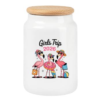Voyage des filles 2026 Flamingos - Boîte à biscuits avec couvercle en bois - blanc - Devant