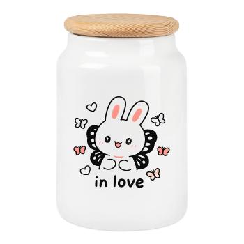 Lapin Amoureux Entouré de Papillons - in Love - Boîte à biscuits avec couvercle en bois - blanc - Devant