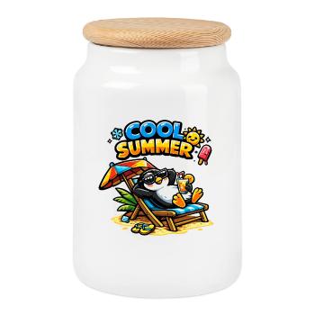Un Pingouin d’été frais sur la plage - Boîte à biscuits avec couvercle en bois - blanc - Devant