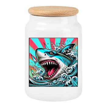 Requin - Boîte à biscuits avec couvercle en bois - blanc - Devant