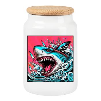Requin - Boîte à biscuits avec couvercle en bois - blanc - Devant