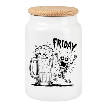 Funny Skeleton "Finally Friday" Beer Mug Graphic - Cookie Jar with Wooden Lid - white - Front