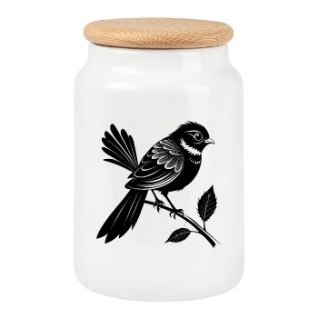 New Zealand Fantail Bird - Cookie Jar with Wooden Lid - white - Front