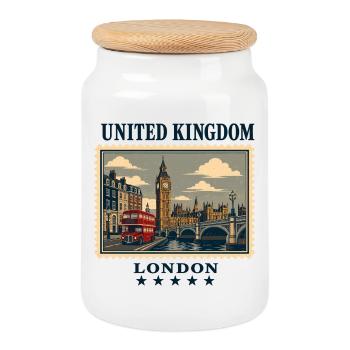 London Classics in Stamp Style - Cookie Jar with Wooden Lid - white - Front