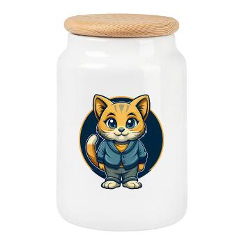 Cat Kawaii Mascot Cartoon Character Clipart Logo - Cookie Jar with Wooden Lid - white - Front