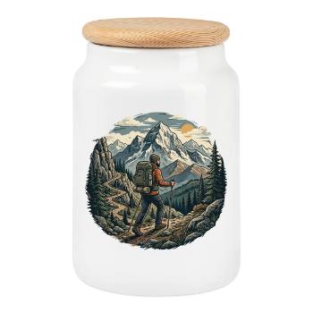 Randonnée - Aventure en plein air - Boîte à biscuits avec couvercle en bois - blanc - Devant