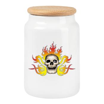 Schädel und Flammen - Keksdose mit Holzdeckel - Weiß - Vorne