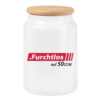Furchtlos auf 50ccm Stolzer Mofa- und Mopedfahrer - Keksdose mit Holzdeckel - Weiß - Vorne
