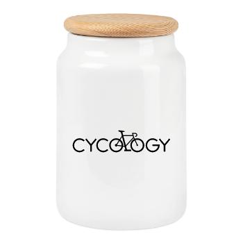 Cycology - Slogan für Fahrradliebhaber - Keksdose mit Holzdeckel - Weiß - Vorne