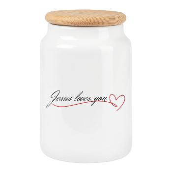 Jesus Loves You – Heart Line - Cookie Jar with Wooden Lid - white - Front