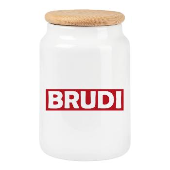 BRUDI T-shirt à logo rouge audacieux - Boîte à biscuits avec couvercle en bois - blanc - Devant