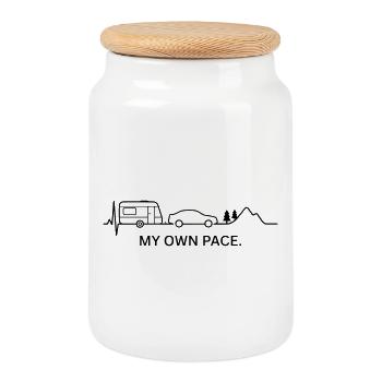 MY OWN PACE. (Wohnwagen - EKG - Farbe anpassbar) - Keksdose mit Holzdeckel - Weiß - Vorne