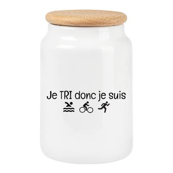 Je TRI donc je suis. Cadeau humour triathlon - Boîte à biscuits avec couvercle en bois - blanc - Devant