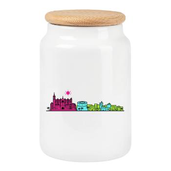 Palma de Mallorca City Skyline Cathedral Line Art - Cookie Jar with Wooden Lid - white - Front