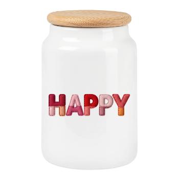 Happy Stoff Optik Typografie Trend - Keksdose mit Holzdeckel - Weiß - Vorne