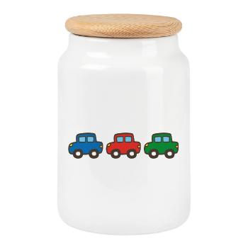 drei Autos - Keksdose mit Holzdeckel - Weiß - Vorne