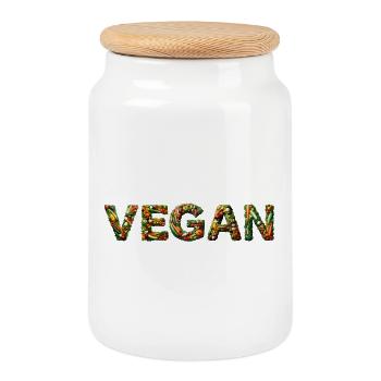 Vegan – plant-based from fruit and vegetables - Cookie Jar with Wooden Lid - white - Front