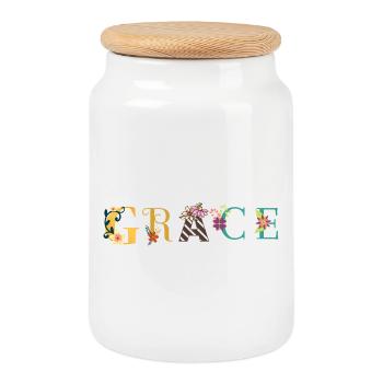 GRACE Namenskunst mit gestickten Blumen - Keksdose mit Holzdeckel - Weiß - Vorne