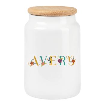 AVERY Namenskunst mit gestickten Blumen - Keksdose mit Holzdeckel - Weiß - Vorne