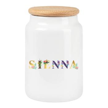 SIENNA Namenskunst mit gestickten Blumen - Keksdose mit Holzdeckel - Weiß - Vorne