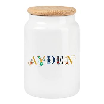 Nom AYDEN orné de fleurs - Boîte à biscuits avec couvercle en bois - blanc - Devant