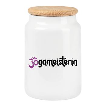 Jogameisterin - Typografisches OM (3-Farbig) - Keksdose mit Holzdeckel - Weiß - Vorne