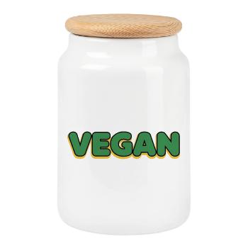 Vegan Typo Green Yellow Outline - Cookie Jar with Wooden Lid - white - Front