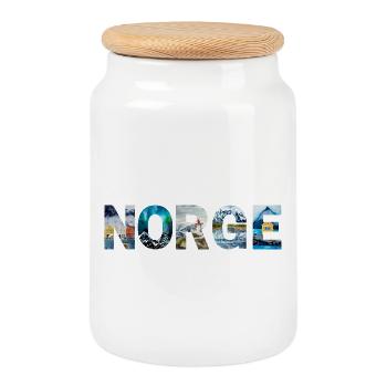 Norway "Norge" Landscape Lettering – Watercolor - Cookie Jar with Wooden Lid - white - Front