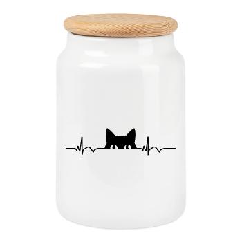Cat ECG Heart Rate Heartbeat - Cookie Jar with Wooden Lid - white - Front