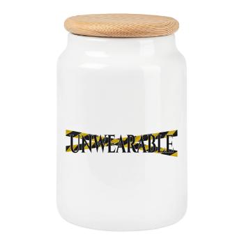 Unwearable – Statement Design with Warning Tape - Cookie Jar with Wooden Lid - white - Front