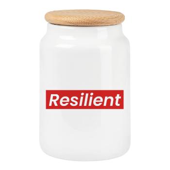 "Resilient" Statement Shirt in White on Red - Cookie Jar with Wooden Lid - white - Front