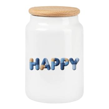 Lettres en tissu heureux Bleu beige raccommodé - Boîte à biscuits avec couvercle en bois - blanc - Devant