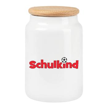 Schulkind Fußball Rot Einschulung 2026 - Keksdose mit Holzdeckel - Weiß - Vorne