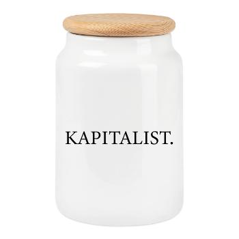 Kapitalist Statement – Klare Typografie  Beschreib - Keksdose mit Holzdeckel - Weiß - Vorne