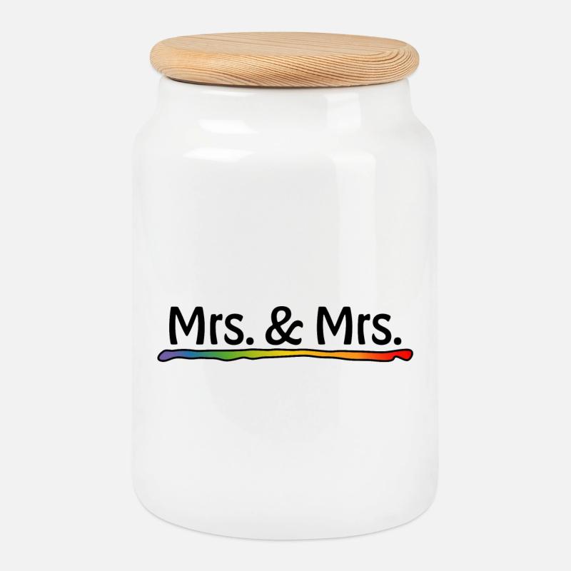 Lesbian Wedding - Rainbow Mrs and Mrs - Cookie Jar with Wooden Lid - white
