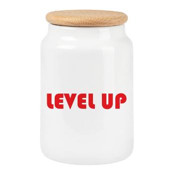 LEVEL UP-Red Text - Cookie Jar with Wooden Lid - white - Front