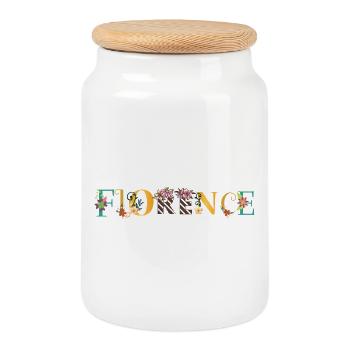 FLORENZ Namenskunst mit gestickten Blumen - Keksdose mit Holzdeckel - Weiß - Vorne