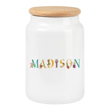 MADISON Namenskunst mit gestickten Blumen - Keksdose mit Holzdeckel - Weiß - Vorne