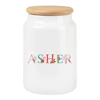 ASHER Namenskunst mit gestickten Blumen - Keksdose mit Holzdeckel - Weiß - Vorne