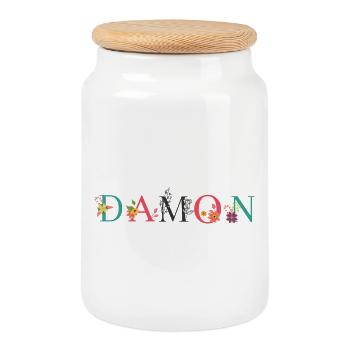 DAMON Namenskunst mit gestickten Blumen - Keksdose mit Holzdeckel - Weiß - Vorne