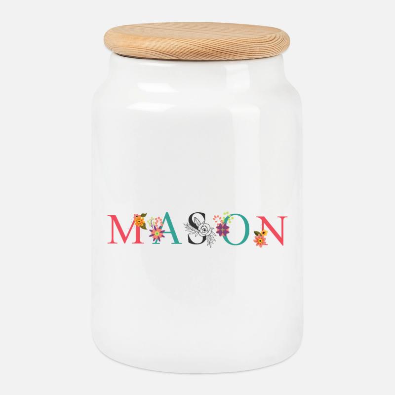 MASON Namenskunst mit Blumen bestickt - Keksdose mit Holzdeckel - Weiß