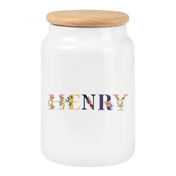 Nom HENRY décoré de fleurs - Boîte à biscuits avec couvercle en bois - blanc - Devant
