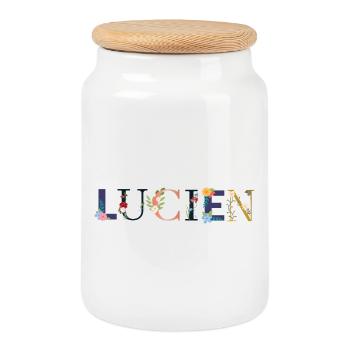 LUCIEN Name mit Blumen geschmückt - Keksdose mit Holzdeckel - Weiß - Vorne