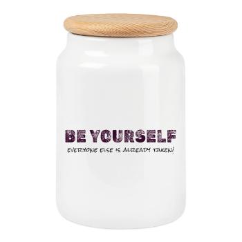 Sei du selbst – Inspirierendes Zitat T-Shirt - Keksdose mit Holzdeckel - Weiß - Vorne